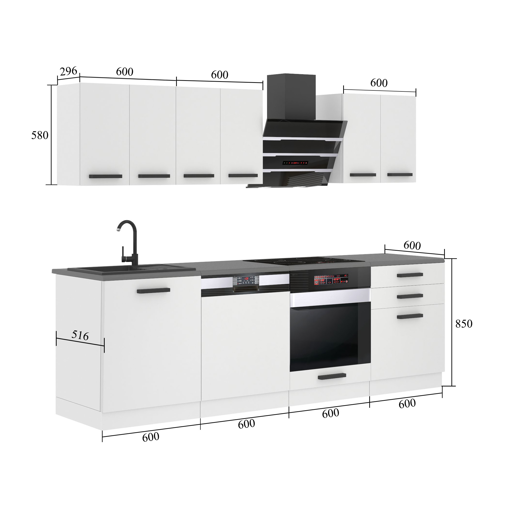 Belini Küchenzeile Premium Komplettversion 240 cm Hochglanzweiß ohne Arbeitsplatte SUSAN Hersteller INF SUSAN/0/WT/W/0/B1