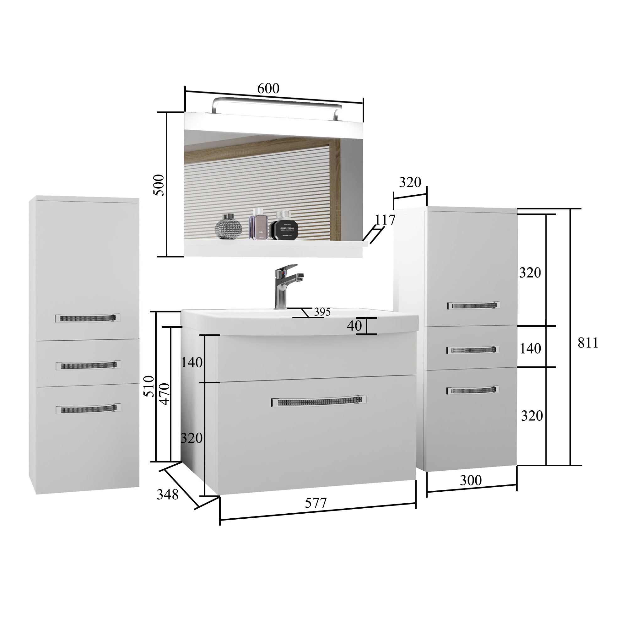 Badezimmermöbel Belini Premium Full Version Hochglanzweiß / Wotan-Eiche + Waschbecken + Spiegel + LED-Beleuchtung Glamour 74 Hersteller GLA PM 4/0/W/WDW/0/MB/PP